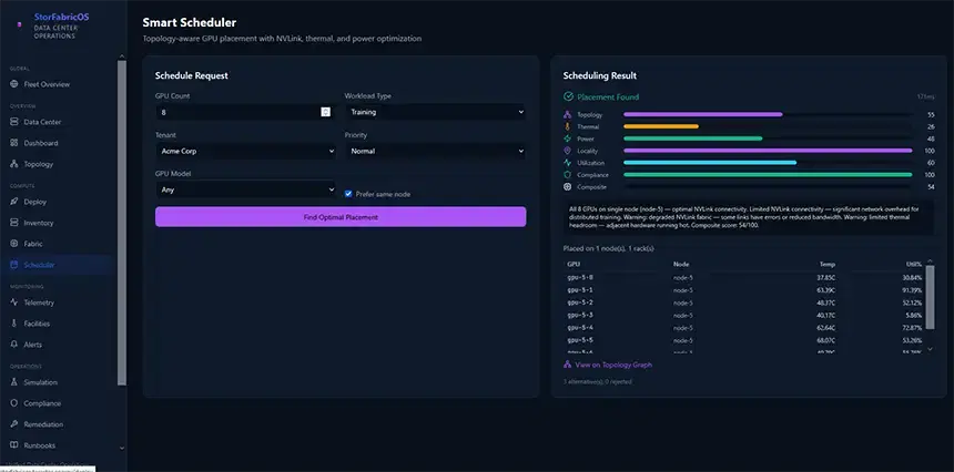 StorFabricOS Smart Scheduler screen