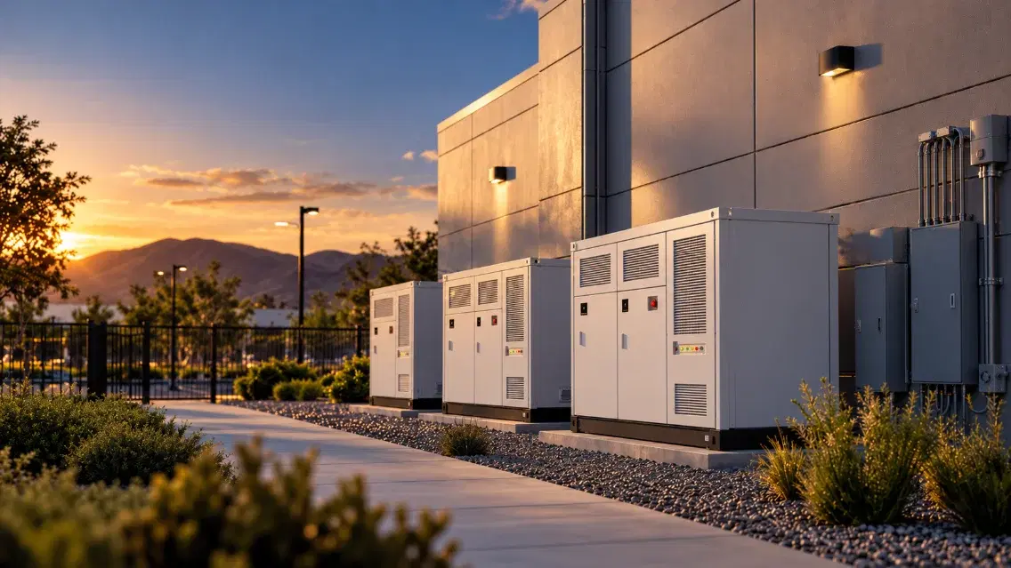 Energy storage cabinets outside a building at sunset